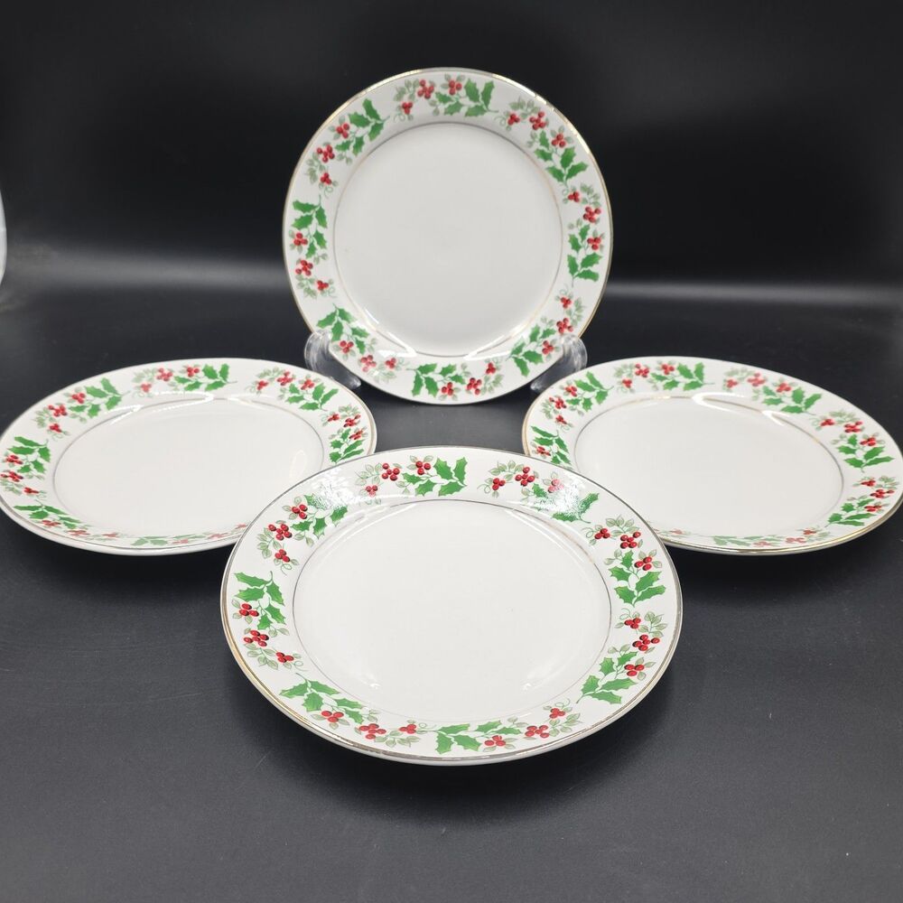 Gibson Holiday Holly Berry Plates Saucers Set 4 Gold Rim Christmas China 6-7/8”